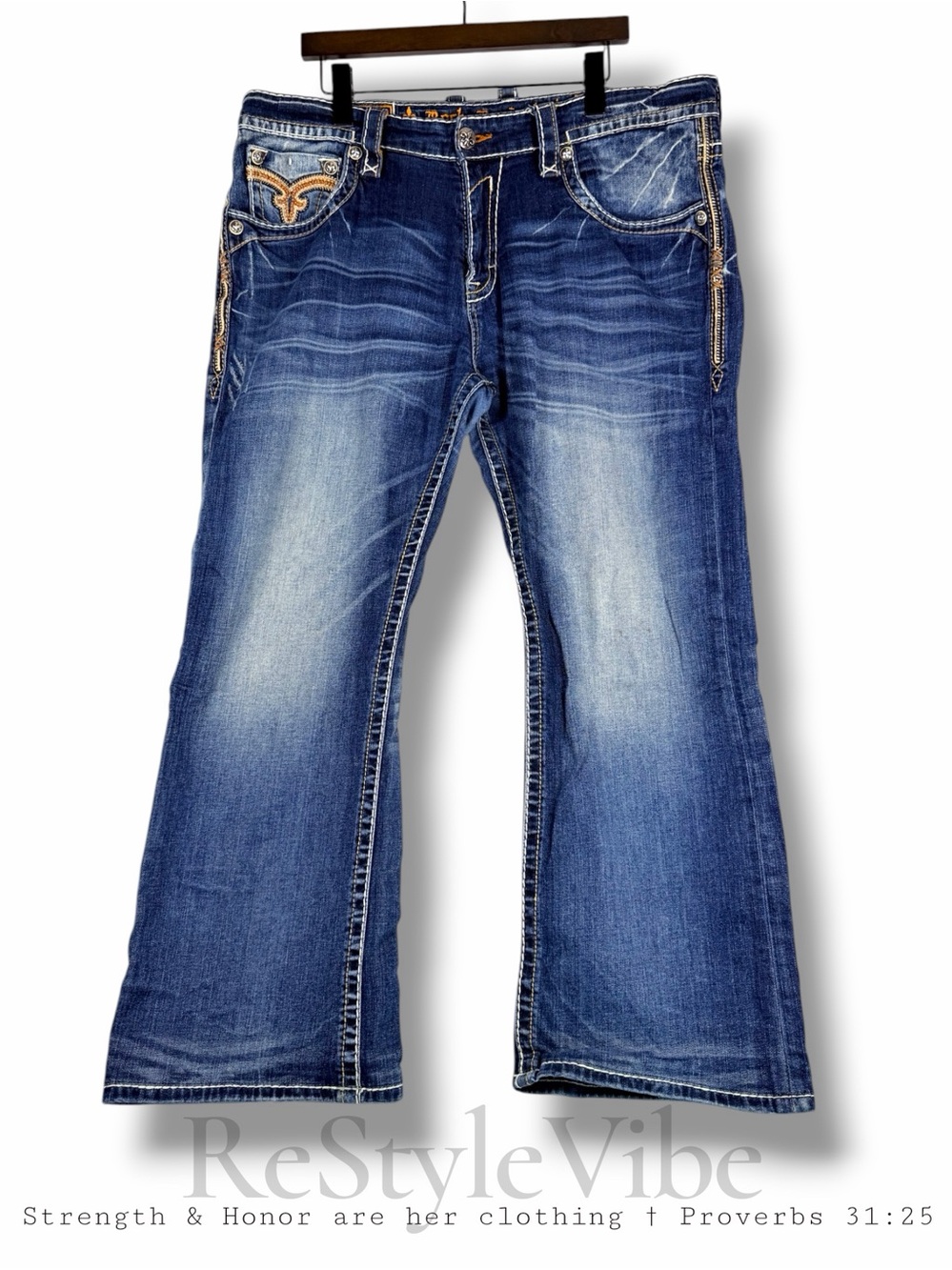 ROCK REVIVAL Men’s Size 38 Denim Jeans Relaxed Straight Fit Remy Style Stretch